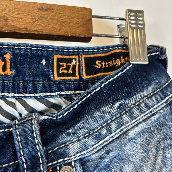 Rock Revival Taye Straight Leg Jeans Medium Wash Distressed Y2K Bling Denim  27 - Picture 7 of 11